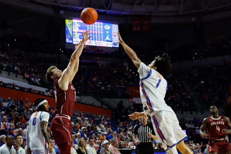 Dec 21, 2025; Gainesville, Florida, USA; Colgate Raiders guard Kyle Carlesimo (13) shoots over Florida Gators guard Xaivian Lee (1) during the first half at Exactech Arena at the Stephen C. O'Connell Center. Mandatory Credit: Matt Pendleton-Imagn Images