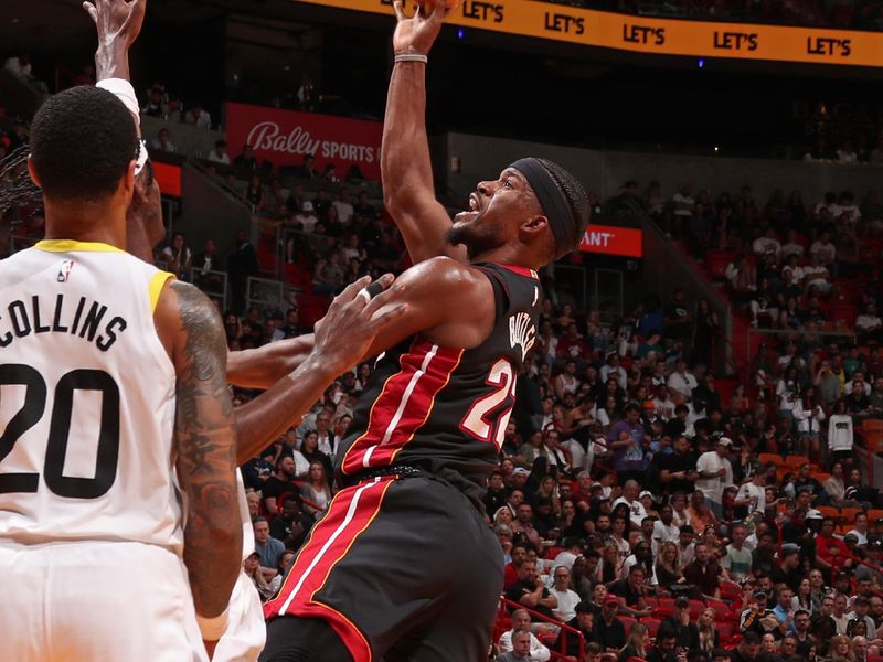 MIAMI, FL - MARCH 2: Jimmy Butler #22 of the Miami Heat shoots the ball during the game against the Utah Jazz on March 2, 2024 at Kaseya Center in Miami, Florida. NOTE TO USER: User expressly acknowledges and agrees that, by downloading and or using this Photograph, user is consenting to the terms and conditions of the Getty Images License Agreement. Mandatory Copyright Notice: Copyright 2024 NBAE (Photo by Issac Baldizon/NBAE via Getty Images)