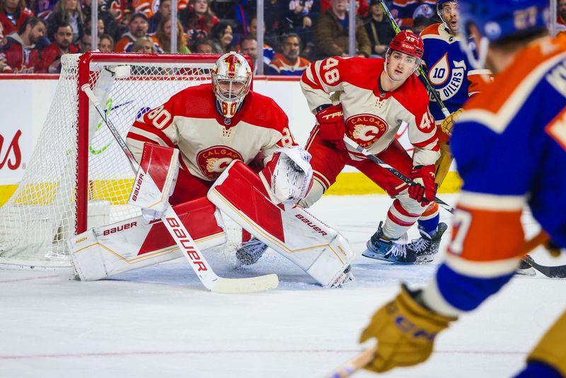 Jan 20, 2024; Calgary, Alberta, CAN; Calgary Flames goaltender Dan Vladar (80) guards his net against the Edmonton Oilers during the third period at Scotiabank Saddledome. Mandatory Credit: Sergei Belski-USA TODAY Sports