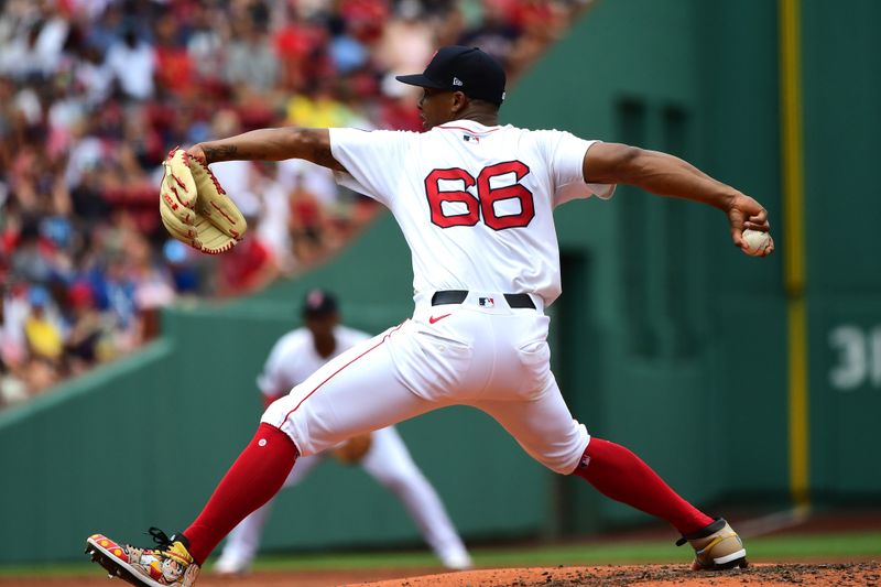 Jul 14, 2024; Boston, Massachusetts, USA;  Boston Red Sox starting pitcher Brayan Bello (66) throws during the third inning against the Kansas City Royals at Fenway Park. Mandatory Credit: Bob DeChiara-USA TODAY Sports