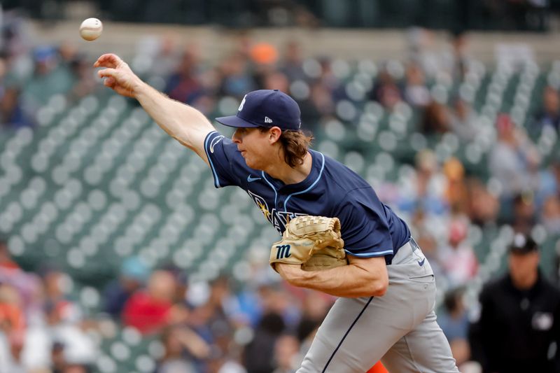 Sep 24, 2024; Detroit, Michigan, USA;  Tampa Bay Rays starting pitcher Ryan Pepiot (44) pitches in the first inning against the Detroit Tigers at Comerica Park. Mandatory Credit: Rick Osentoski-Imagn Images