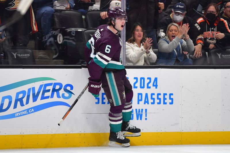 Dec 27, 2023; Anaheim, California, USA; Anaheim Ducks defenseman Jamie Drysdale (6) celebrates his goal scored against the Vegas Golden Knights during the first period at Honda Center. Mandatory Credit: Gary A. Vasquez-USA TODAY Sports