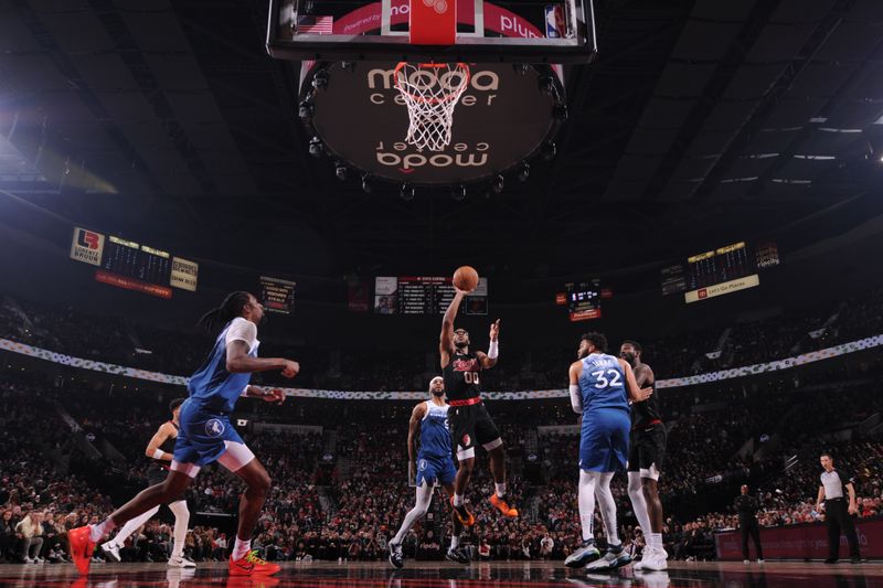 PORTLAND, OR - FEBRUARY 15: Scoot Henderson #00 of the Portland Trail Blazers shoots the ball during the game against the Minnesota Timberwolves on February 15, 2024 at the Moda Center Arena in Portland, Oregon. NOTE TO USER: User expressly acknowledges and agrees that, by downloading and or using this photograph, user is consenting to the terms and conditions of the Getty Images License Agreement. Mandatory Copyright Notice: Copyright 2024 NBAE (Photo by Cameron Browne/NBAE via Getty Images)