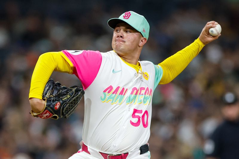 Sep 6, 2024; San Diego, California, USA; San Diego Padres relief pitcher Adrian Morejon (50) throws a pitch during the eighth inning against the San Francisco Giants at Petco Park. Mandatory Credit: David Frerker-Imagn Images