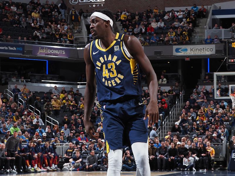 INDIANAPOLIS, IN - JANUARY 23: Pascal Siakam #43 of the Indiana Pacers looks on during the game against the Denver Nuggets on January 23, 2024 at Gainbridge Fieldhouse in Indianapolis, Indiana. NOTE TO USER: User expressly acknowledges and agrees that, by downloading and or using this Photograph, user is consenting to the terms and conditions of the Getty Images License Agreement. Mandatory Copyright Notice: Copyright 2024 NBAE (Photo by Ron Hoskins/NBAE via Getty Images)