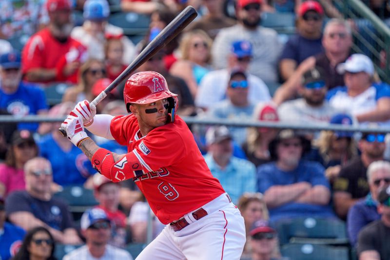 Mar 16, 2024; Tempe, Arizona, USA; Los Angeles Angels infielder Zach Neto (9) bats in the seventh inning during a spring training game against the Chicago Cubs at Tempe Diablo Stadium. Mandatory Credit: Allan Henry-USA TODAY Sports