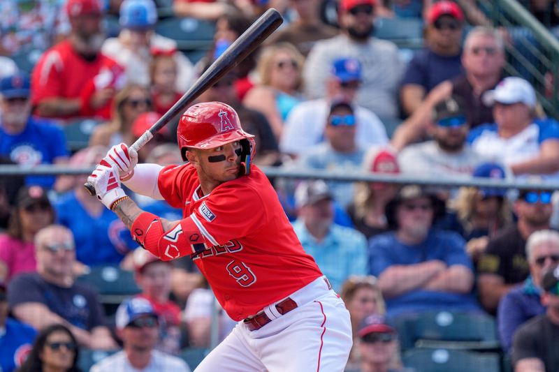 Mar 16, 2024; Tempe, Arizona, USA; Los Angeles Angels infielder Zach Neto (9) bats in the seventh inning during a spring training game against the Chicago Cubs at Tempe Diablo Stadium. Mandatory Credit: Allan Henry-USA TODAY Sports