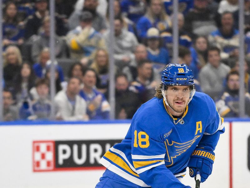 Oct 9, 2025; St. Louis, Missouri, USA; St. Louis Blues center Robert Thomas (18) controls the puck against the Minnesota Wild during the second period at Enterprise Center. Mandatory Credit: Jeff Curry-Imagn Images