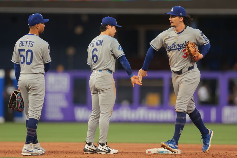 May 5, 2025; Miami, Florida, USA; Los Angeles Dodgers second baseman Hyeseong Kim (6) celebrates with center fielder James Outman (33) after the game against the Miami Marlins at loanDepot Park. Mandatory Credit: Sam Navarro-Imagn Images