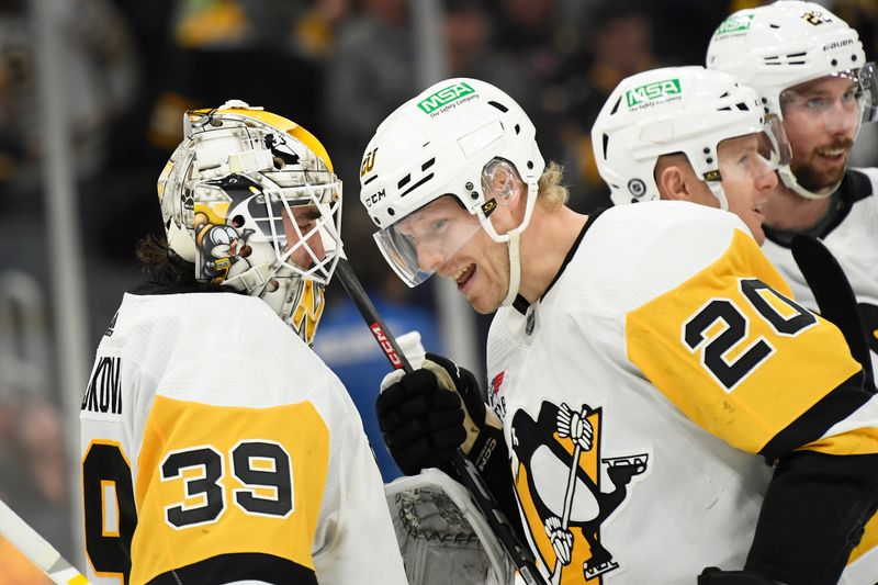 Jan 4, 2024; Boston, Massachusetts, USA; Pittsburgh Penguins center Lars Eller (20) congratulates goaltender Alex Nedeljkovic (39) after defeating the Boston Bruins at TD Garden. Mandatory Credit: Bob DeChiara-USA TODAY Sports