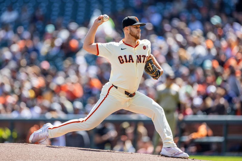 Sep 15, 2024; San Francisco, California, USA; San Francisco Giants pitcher Landen Roupp (65) throws a pitch during the first inning against the San Diego Padres at Oracle Park. Mandatory Credit: Bob Kupbens-Imagn Images