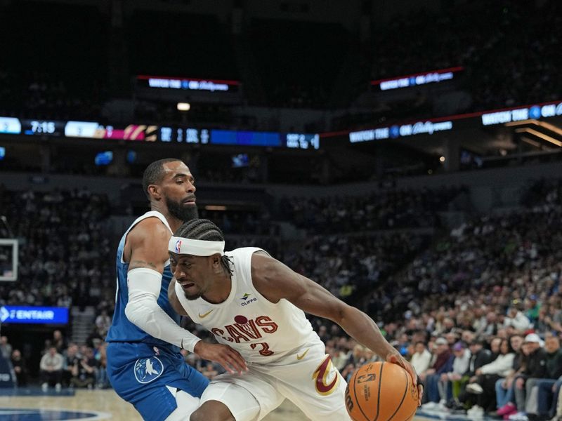 MINNEAPOLIS, MN -  MARCH 22: Caris LeVert #3 of the Cleveland Cavaliers handles the ball during the game against the Minnesota Timberwolves on March 22, 2024 at Target Center in Minneapolis, Minnesota. NOTE TO USER: User expressly acknowledges and agrees that, by downloading and or using this Photograph, user is consenting to the terms and conditions of the Getty Images License Agreement. Mandatory Copyright Notice: Copyright 2024 NBAE (Photo by Jordan Johnson/NBAE via Getty Images)