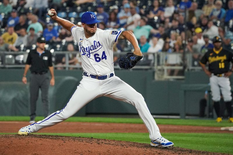 Aug 29, 2023; Kansas City, Missouri, USA; Kansas City Royals relief pitcher Steven Cruz (64) delivers a pitch in his Major League debut against the Pittsburgh Pirates in the ninth inning at Kauffman Stadium. Mandatory Credit: Denny Medley-USA TODAY Sports