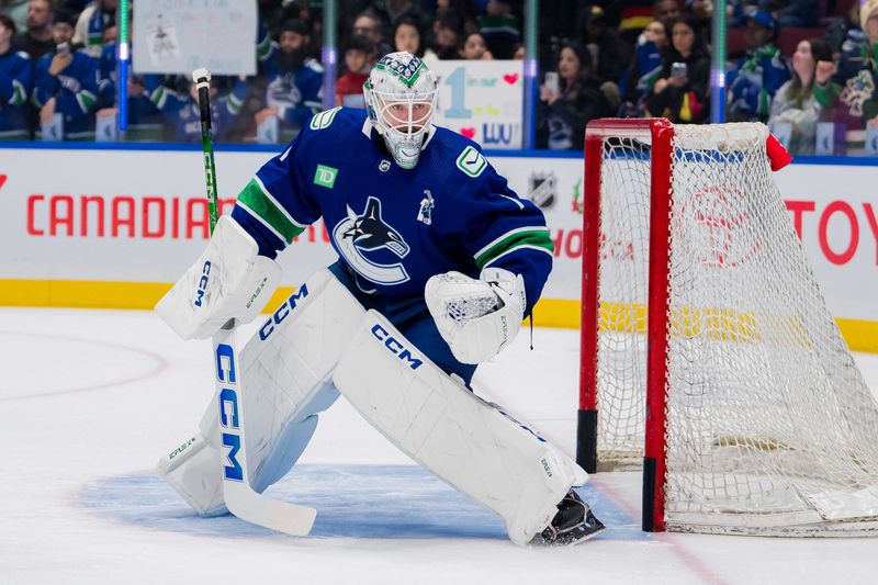 Dec 14, 2023; Vancouver, British Columbia, CAN; Vancouver Canucks goalie Thatcher Demko (35) warms up wearing Roberto Luongo   s number 1 jersey prior to an on ice presentation before a game against the Florida Panthers at Rogers Arena. Mandatory Credit: Bob Frid-USA TODAY Sports