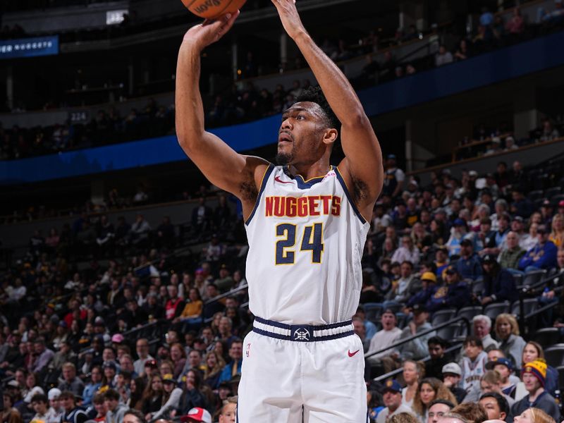 DENVER, CO - FEBRUARY 10: Jalen Pickett #24 of the Denver Nuggets shoots the ball during the game against the Portland Trail Blazers on February 10, 2025 at Ball Arena in Denver, Colorado. NOTE TO USER: User expressly acknowledges and agrees that, by downloading and/or using this Photograph, user is consenting to the terms and conditions of the Getty Images License Agreement. Mandatory Copyright Notice: Copyright 2025 NBAE (Photo by Garrett Ellwood/NBAE via Getty Images)