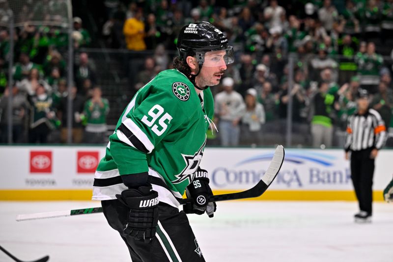 Oct 14, 2025; Dallas, Texas, USA; Dallas Stars center Matt Duchene (95) skates off the ice after scoring a goal against the Minnesota Wild during the second period at the American Airlines Center. Mandatory Credit: Jerome Miron-Imagn Images