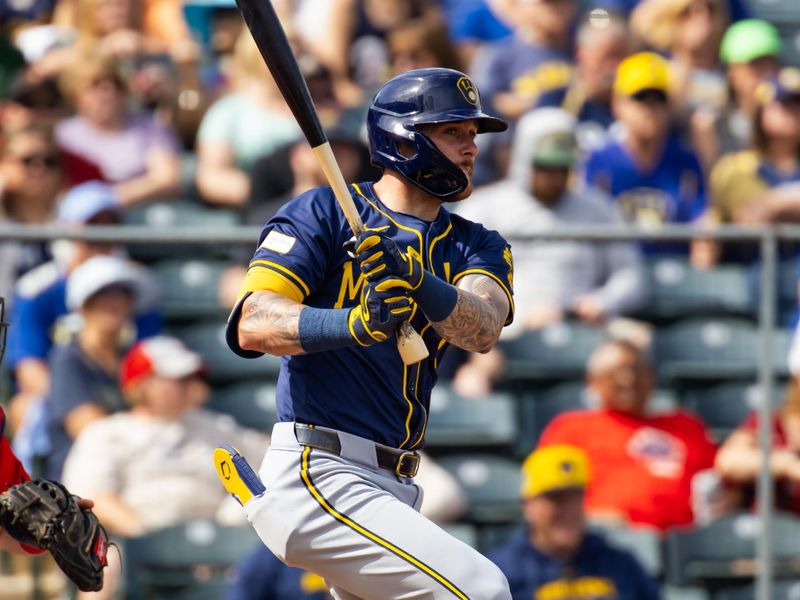 Feb 27, 2024; Tempe, Arizona, USA; Milwaukee Brewers infielder Brice Turang against the Los Angeles Angels during a spring training game at Tempe Diablo Stadium. Mandatory Credit: Mark J. Rebilas-USA TODAY Sports