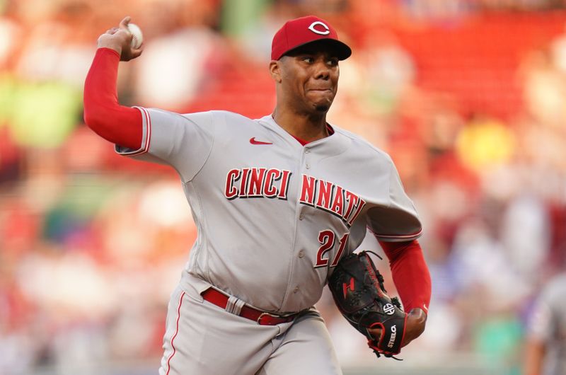 Jun 1, 2023; Boston, Massachusetts, USA; Cincinnati Reds starting pitcher Hunter Greene (21) throws a pitch against the Boston Red Sox in the first inning at Fenway Park. Mandatory Credit: David Butler II-USA TODAY Sports