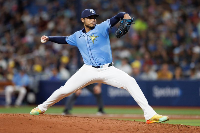 Jun 30, 2024; St. Petersburg, Florida, USA; Tampa Bay Rays pitcher Taj Bradley (45) throws a pitch against the Washington Nationals in the fifth inning at Tropicana Field. Mandatory Credit: Nathan Ray Seebeck-USA TODAY Sports