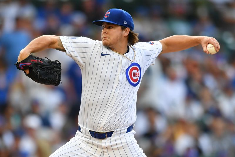 Aug 17, 2024; Chicago, Illinois, USA; Chicago Cubs starting pitcher Justin Steele (35) pitches during the first inning against the Toronto Blue Jays at Wrigley Field. Mandatory Credit: Patrick Gorski-USA TODAY Sports