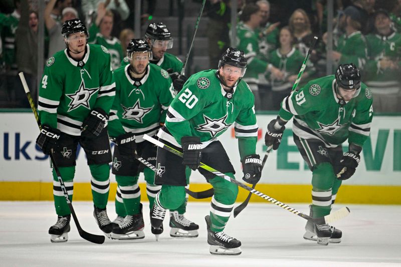 May 7, 2024; Dallas, Texas, USA; Dallas Stars right wing Evgenii Dadonov (63) and defenseman Ryan Suter (20) and center Matt Duchene (95) and defenseman Miro Heiskanen (4) nd center Tyler Seguin (91) celebrates a goal scored by Suter against the Colorado Avalanche during the first period in game one of the second round of the 2024 Stanley Cup Playoffs at American Airlines Center. Mandatory Credit: Jerome Miron-USA TODAY Sports