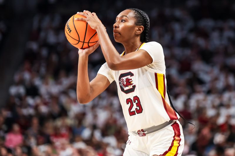 Feb 11, 2024; Columbia, South Carolina, USA; South Carolina Gamecocks guard Bree Hall (23) shoots against the UConn Huskies in the first half at Colonial Life Arena. Mandatory Credit: Jeff Blake-USA TODAY Sports