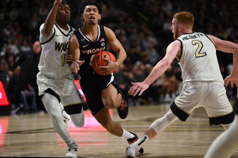 Jan 21, 2023; Winston-Salem, North Carolina, USA;  Virginia Cavaliers guard Kihei Clark (0) draws contact from Wake Forest Demon Deacons guard Tyree Appleby (1) on the drive during the second half at Lawrence Joel Veterans Memorial Coliseum. Mandatory Credit: William Howard-USA TODAY Sports