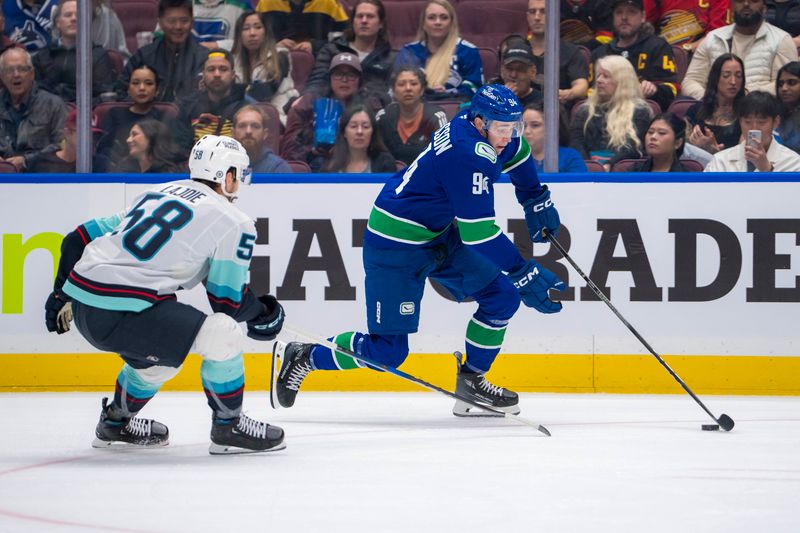 Sep 24, 2024; Vancouver, British Columbia, CAN; Vancouver Canucks forward Linus Karlsson (94) controls the puck against  Seattle Kraken forward Jani Nyman (58) during the first period at Rogers Arena. Mandatory Credit: Bob Frid-Imagn Images