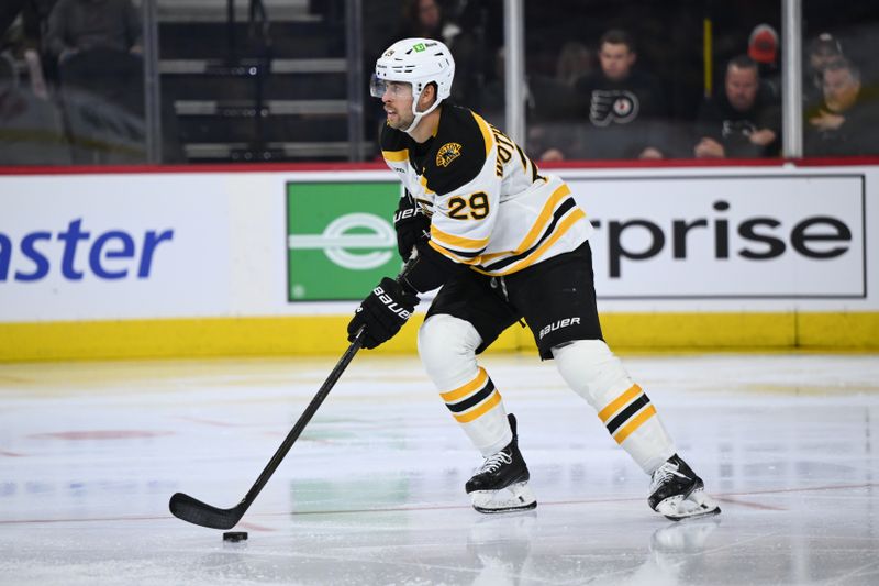 Nov 2, 2024; Philadelphia, Pennsylvania, USA; Boston Bruins defenseman Parker Wotherspoon (29) controls the puck against the Philadelphia Flyers in the second period at Wells Fargo Center. Mandatory Credit: Kyle Ross-Imagn Images