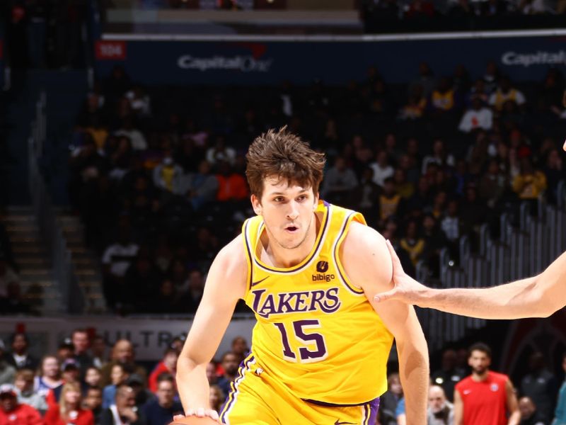 WASHINGTON, DC -? APRIL 4: Austin Reaves #15 of the Los Angeles Lakers handles the ball during the game against the Washington Wizards on April 4, 2024 at Capital One Arena in Washington, DC. NOTE TO USER: User expressly acknowledges and agrees that, by downloading and or using this Photograph, user is consenting to the terms and conditions of the Getty Images License Agreement. Mandatory Copyright Notice: Copyright 2024 NBAE (Photo by Kenny Giarla/NBAE via Getty Images)