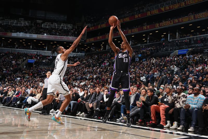 BROOKLYN, NY - JANUARY 27: Keegan Murray #13 of the Sacramento Kings shoots a three point basket during the game against the Brooklyn Nets on January 27, 2025 at Barclays Center in Brooklyn, New York. NOTE TO USER: User expressly acknowledges and agrees that, by downloading and or using this Photograph, user is consenting to the terms and conditions of the Getty Images License Agreement. Mandatory Copyright Notice: Copyright 2025 NBAE (Photo by Jesse D. Garrabrant/NBAE via Getty Images)