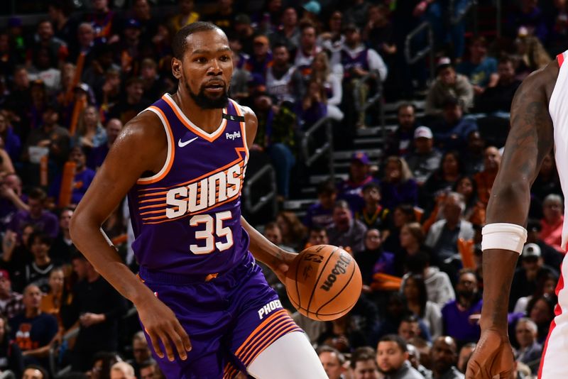 PHOENIX, AZ - NOVEMBER 2: Kevin Durant #35 of the Phoenix Suns handles the ball during the game against the Portland Trail Blazers on November 2, 2024 at Footprint Center in Phoenix, Arizona. NOTE TO USER: User expressly acknowledges and agrees that, by downloading and or using this photograph, user is consenting to the terms and conditions of the Getty Images License Agreement. Mandatory Copyright Notice: Copyright 2024 NBAE (Photo by Kate Frese/NBAE via Getty Images)