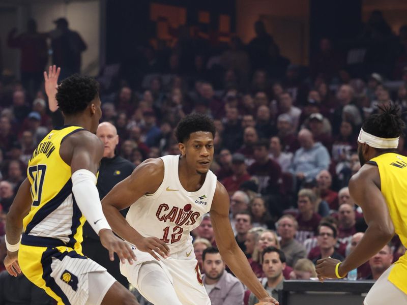 CLEVELAND, OH - MAY 4: De'Andre Hunter #12 of the Cleveland Cavaliers dribbles the ball during the game against the Indiana Pacers during Round 2 Game 1 of the 2025 NBA Playoffs on May 4, 2025 at Rocket Mortgage FieldHouse in Cleveland, Ohio. NOTE TO USER: User expressly acknowledges and agrees that, by downloading and/or using this Photograph, user is consenting to the terms and conditions of the Getty Images License Agreement. Mandatory Copyright Notice: Copyright 2025 NBAE (Photo by  Lauren Leigh Bacho/NBAE via Getty Images)