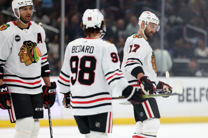 Mar 19, 2024; Los Angeles, California, USA;  Chicago Blackhawks left wing Nick Foligno (17) reacts after scoring a goal during the first period against the Los Angeles Kings at Crypto.com Arena. Mandatory Credit: Kiyoshi Mio-USA TODAY Sports