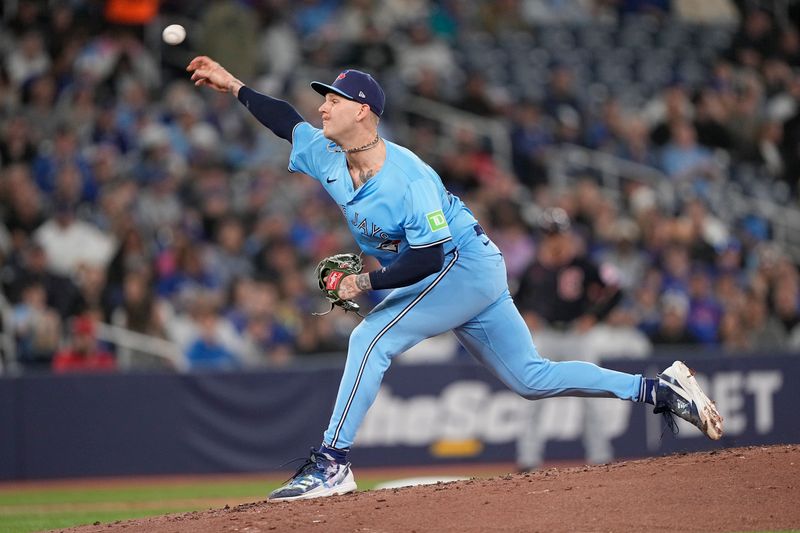 May 4, 2025; Toronto, Ontario, CAN; Toronto Blue Jays starting pitcher Bowden Francis (44) pitches to the Cleveland Guardians during the third inning at Rogers Centre. Mandatory Credit: John E. Sokolowski-Imagn Images
