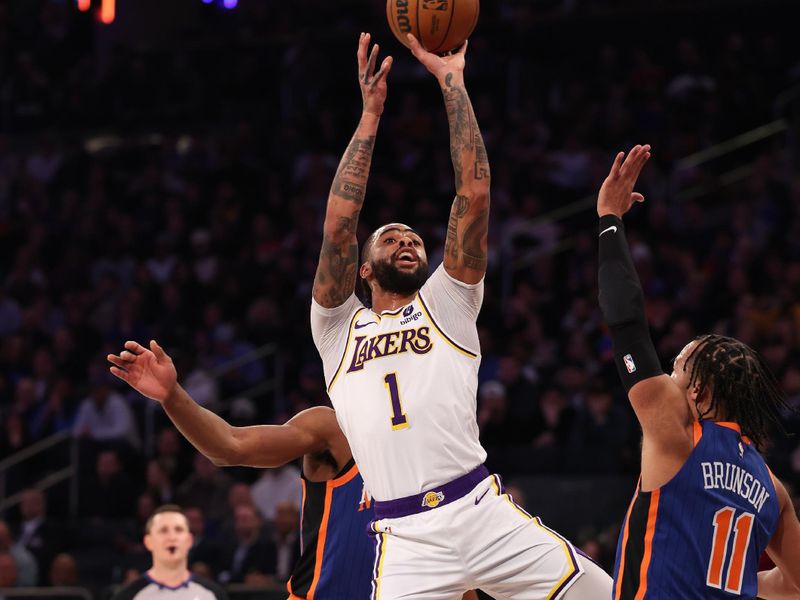 NEW YORK, NEW YORK - FEBRUARY 03:  D'Angelo Russell #1 of the Los Angeles Lakers shoots against the New York Knicks during their game at Madison Square Garden on February 03, 2024 in New York City.   User expressly acknowledges and agrees that, by downloading and or using this photograph, User is consenting to the terms and conditions of the Getty Images License Agreement.  (Photo by Al Bello/Getty Images)