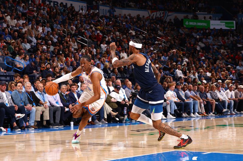 OKLAHOMA CITY, OK - FEBRUARY 24:  Jalen Williams #8 of the Oklahoma City Thunder handles the ball during the game against the Minnesota Timberwolves on February 24, 2025 at Paycom Center in Oklahoma City, Oklahoma. NOTE TO USER: User expressly acknowledges and agrees that, by downloading and or using this photograph, User is consenting to the terms and conditions of the Getty Images License Agreement. Mandatory Copyright Notice: Copyright 2025 NBAE (Photo by Zach Beeker/NBAE via Getty Images)