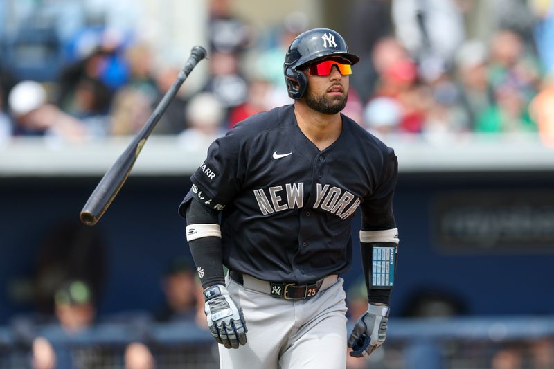 Mar 17, 2026; Port Charlotte, Florida, USA; New York Yankees catcher J.C. Escarra (25) reacts after hitting a home run against the Tampa Bay Rays in the second inning during spring training at Charlotte Sports Park. Mandatory Credit: Nathan Ray Seebeck-Imagn Images