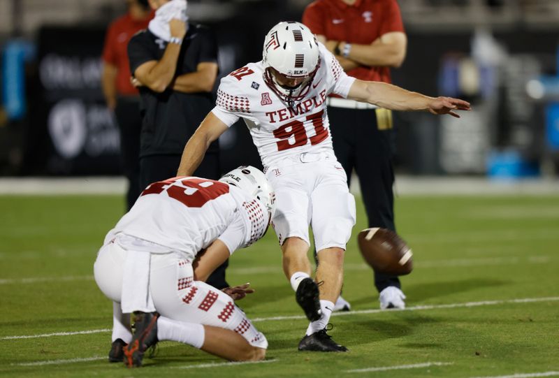 Nov 14, 2020; Orlando, Florida, USA;  Temple Owls place kicker Will Mobley (91) kicks the ball from the hold of Temple Owls punter Adam Barry (49) during warmups before the game against the UCF Knights at the Bounce House. Mandatory Credit: Reinhold Matay-USA TODAY Sports