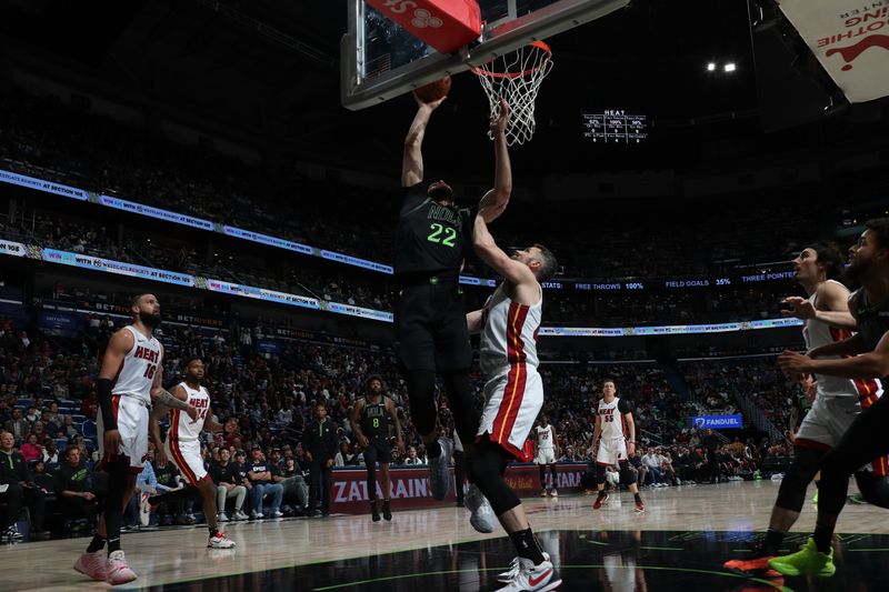 NEW ORLEANS, LA - FEBRUARY 23: Larry Nance Jr. #22 of the New Orleans Pelicans shoots the ball during the game against the Miami Heat on February 23, 2024 at the Smoothie King Center in New Orleans, Louisiana. NOTE TO USER: User expressly acknowledges and agrees that, by downloading and or using this Photograph, user is consenting to the terms and conditions of the Getty Images License Agreement. Mandatory Copyright Notice: Copyright 2024 NBAE (Photo by Layne Murdoch Jr./NBAE via Getty Images)