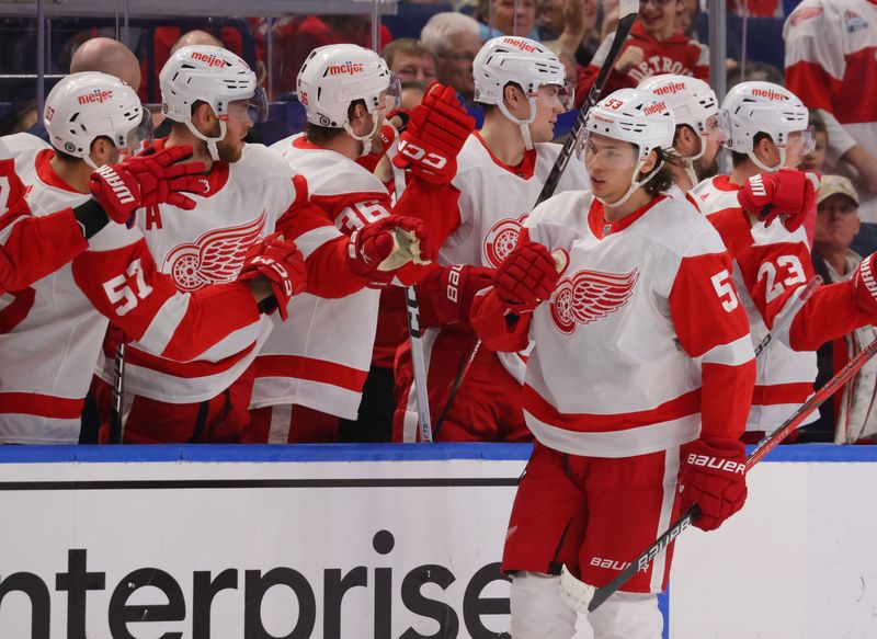 Dec 5, 2023; Buffalo, New York, USA;  Detroit Red Wings defenseman Moritz Seider (53) celebrates his goal with teammates during the second period against the Buffalo Sabres at KeyBank Center. Mandatory Credit: Timothy T. Ludwig-USA TODAY Sports