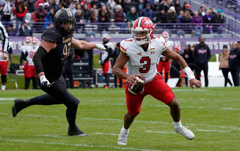 Oct 28, 2023; Evanston, Illinois, USA; Northwestern Wildcats defensive lineman Sean McLaughlin (97) chases Maryland Terrapins quarterback Taulia Tagovailoa (3) during the second half at Ryan Field. Mandatory Credit: David Banks-USA TODAY Sports