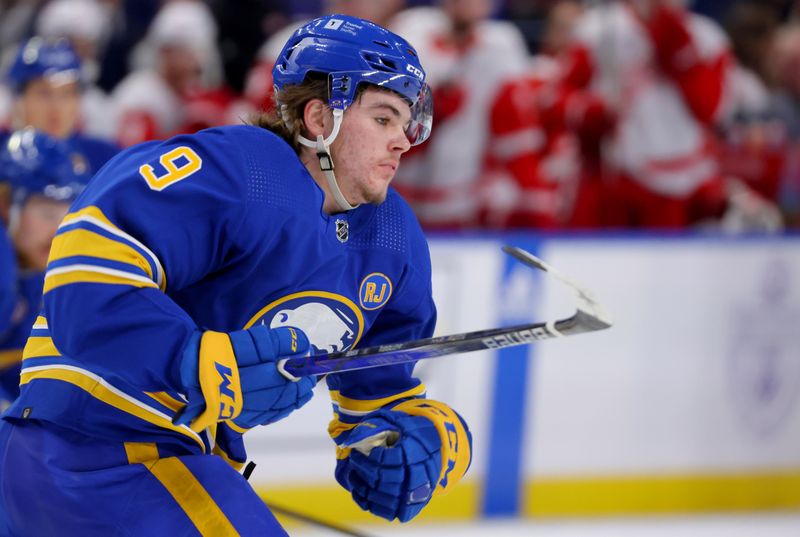 Dec 5, 2023; Buffalo, New York, USA;  Buffalo Sabres left wing Zach Benson (9) skates up ice during the second period against the Detroit Red Wings at KeyBank Center. Mandatory Credit: Timothy T. Ludwig-USA TODAY Sports