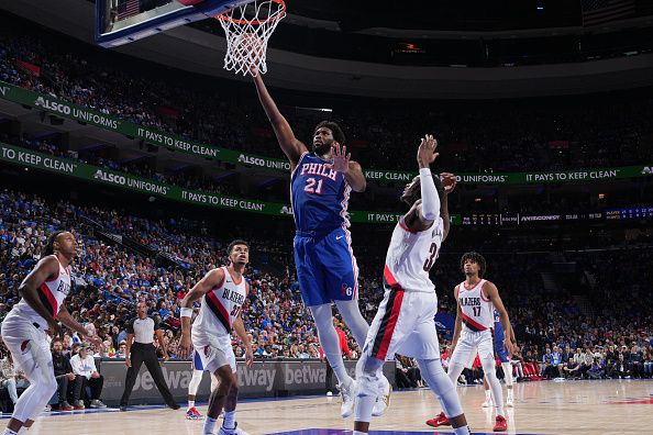 PHILADELPHIA, PA - OCTOBER 29: Joel Embiid #21 of the Philadelphia 76ers drives to the basket during the game against the Portland Trail Blazers on October 29, 2023 at the Wells Fargo Center in Philadelphia, Pennsylvania NOTE TO USER: User expressly acknowledges and agrees that, by downloading and/or using this Photograph, user is consenting to the terms and conditions of the Getty Images License Agreement. Mandatory Copyright Notice: Copyright 2023 NBAE (Photo by Jesse D. Garrabrant/NBAE via Getty Images)