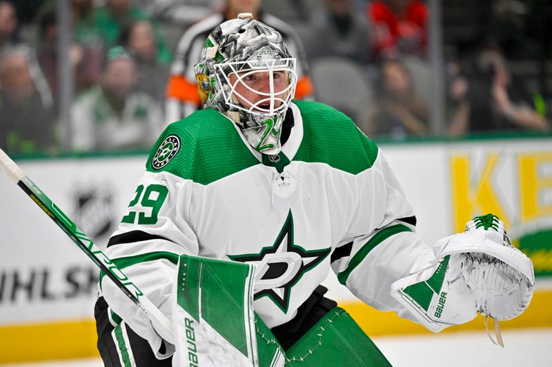 Jan 25, 2023; Dallas, Texas, USA; Dallas Stars goaltender Jake Oettinger (29) faces the Carolina Hurricanes attack during the third period at the American Airlines Center. Mandatory Credit: Jerome Miron-USA TODAY Sports