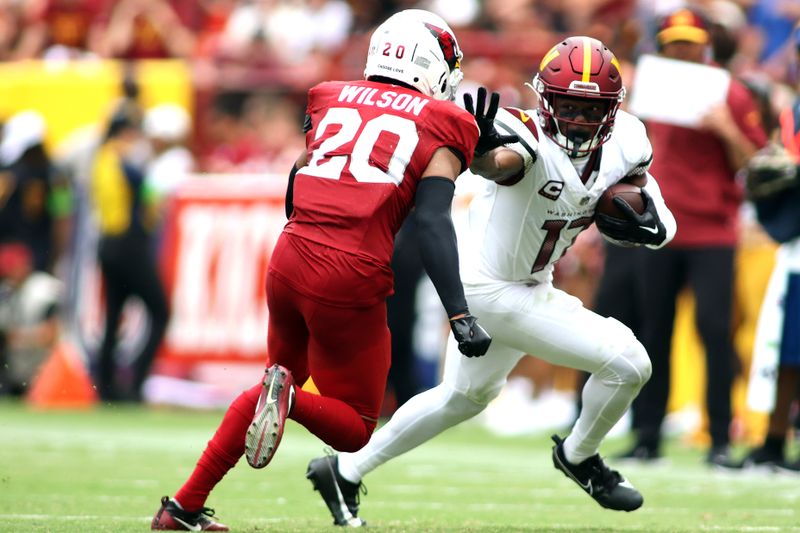 Washington Commanders wide receiver Terry McLaurin (17) runs during an NFL football game against the Arizona Cardinals Sunday, September 10, 2023 in Landover, Maryland. (AP Photo/Daniel Kucin Jr.)