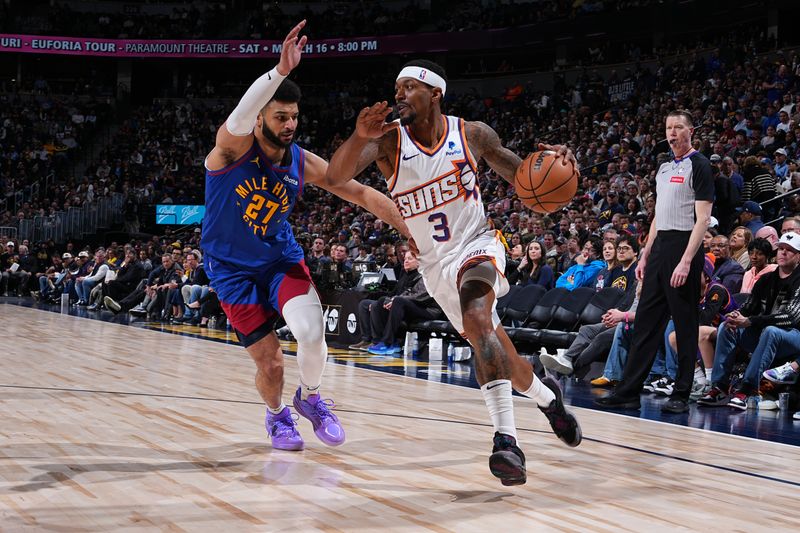 DENVER, CO - MARCH 5: Bradley Beal #3 of the Phoenix Suns dribbles the ball during the game against the Denver Nuggets on March 5, 2024 at the Ball Arena in Denver, Colorado. NOTE TO USER: User expressly acknowledges and agrees that, by downloading and/or using this Photograph, user is consenting to the terms and conditions of the Getty Images License Agreement. Mandatory Copyright Notice: Copyright 2024 NBAE (Photo by Garrett Ellwood/NBAE via Getty Images)