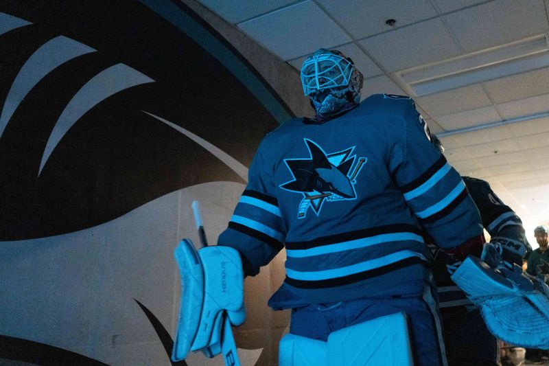 Dec 21, 2023; San Jose, California, USA; San Jose Sharks goaltender Mackenzie Blackwood (29) walks towards the tunnel before the start of the first period against the Arizona Coyotes at SAP Center at San Jose. Mandatory Credit: Stan Szeto-USA TODAY Sports