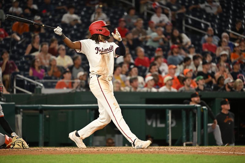 Aug 6, 2024; Washington, District of Columbia, USA; Washington Nationals left fielder James Wood (29) watches the ball after hitting a 2 run home run against the San Francisco Giants during the eighth inning at Nationals Park. Mandatory Credit: Rafael Suanes-USA TODAY Sports