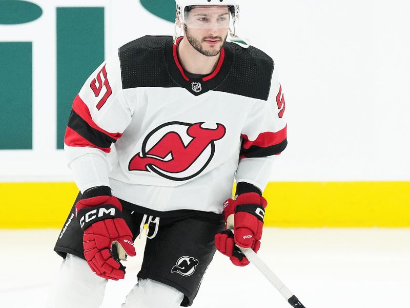 Mar 26, 2024; Toronto, Ontario, CAN; New Jersey Devils defenseman Nick DeSimone (57) skates during the warmup before a game against the Toronto Maple Leafs at Scotiabank Arena. Mandatory Credit: Nick Turchiaro-USA TODAY Sports